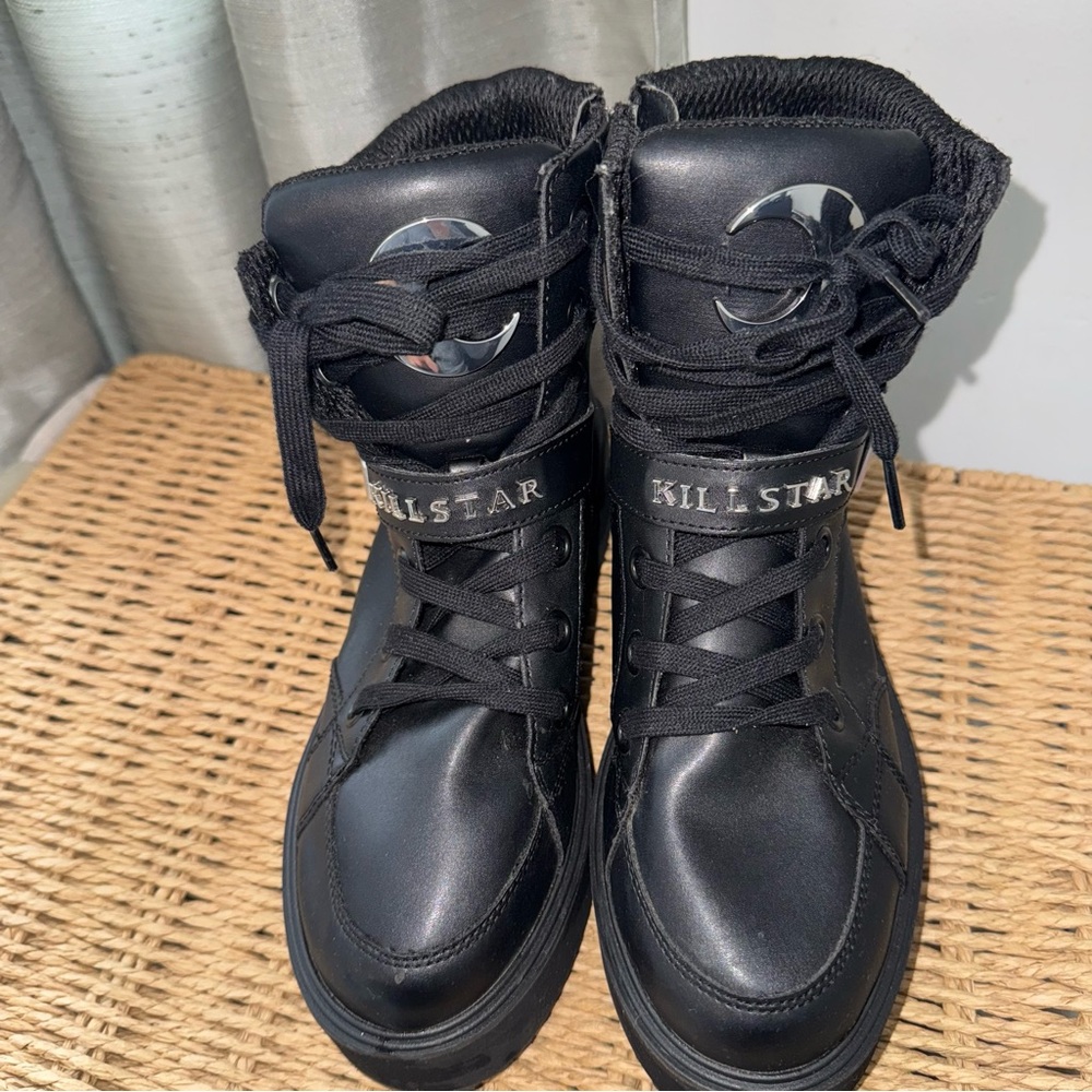 Killstar Luna Black Platform Boots 8 Vegan Leather Rare Punk Goth - Picture 7 of 14